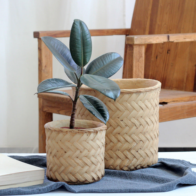 Bamboo flower pot Retro woven storage bamboo basket
